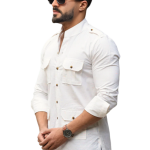 White Cotton Self-Print Hunting Style Shirt | Premium Men's Sportswear | Classic Outdoor Design | Comfortable Cotton Fabric | Size 36-44